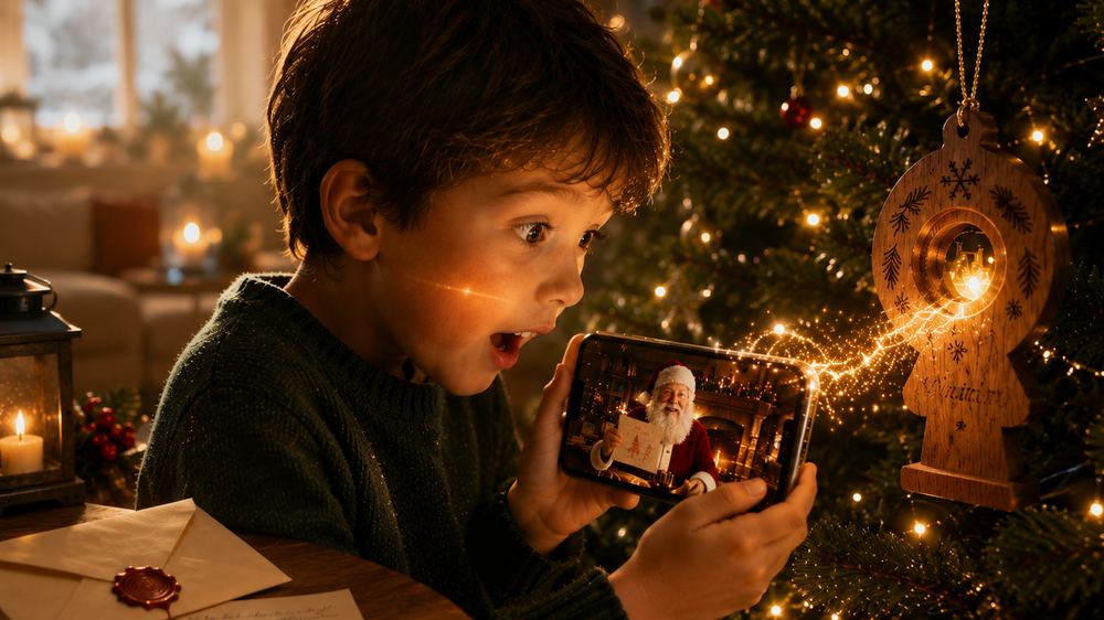 Ein Junge hält sein Handy an einen gravierten Holzanhänger am Weihnachtsbaum – auf dem Bildschirm spricht der Weihnachtsmann zu ihm.